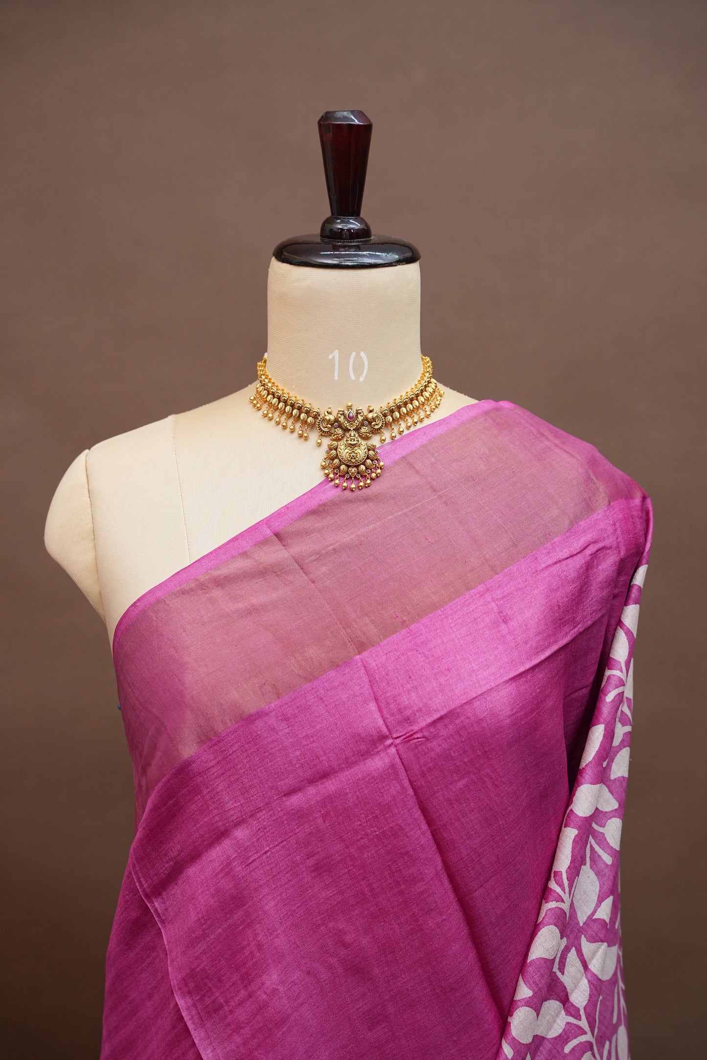 Pure Tussar Silk Saree in Magenta Pink with Leaf Vines|Silk Mark Certified