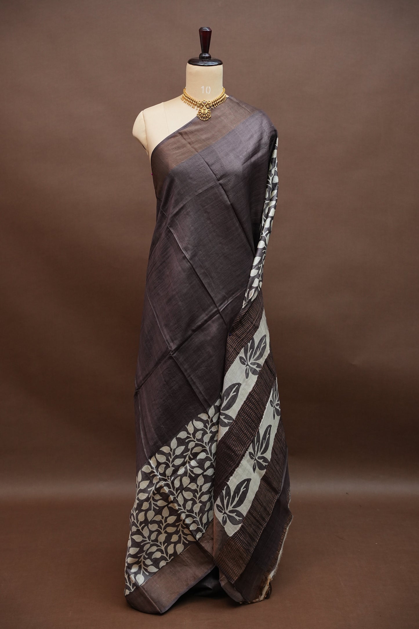 Pure Tussar Silk Saree in Choclate brown and White Floral Vines|Silk Mark Certified