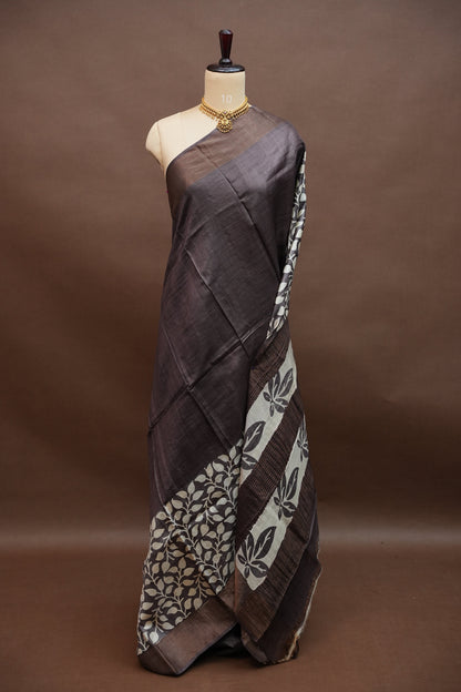 Pure Tussar Silk Saree in Choclate brown and White Floral Vines|Silk Mark Certified