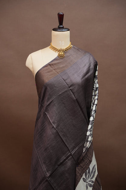 Pure Tussar Silk Saree in Choclate brown and White Floral Vines|Silk Mark Certified