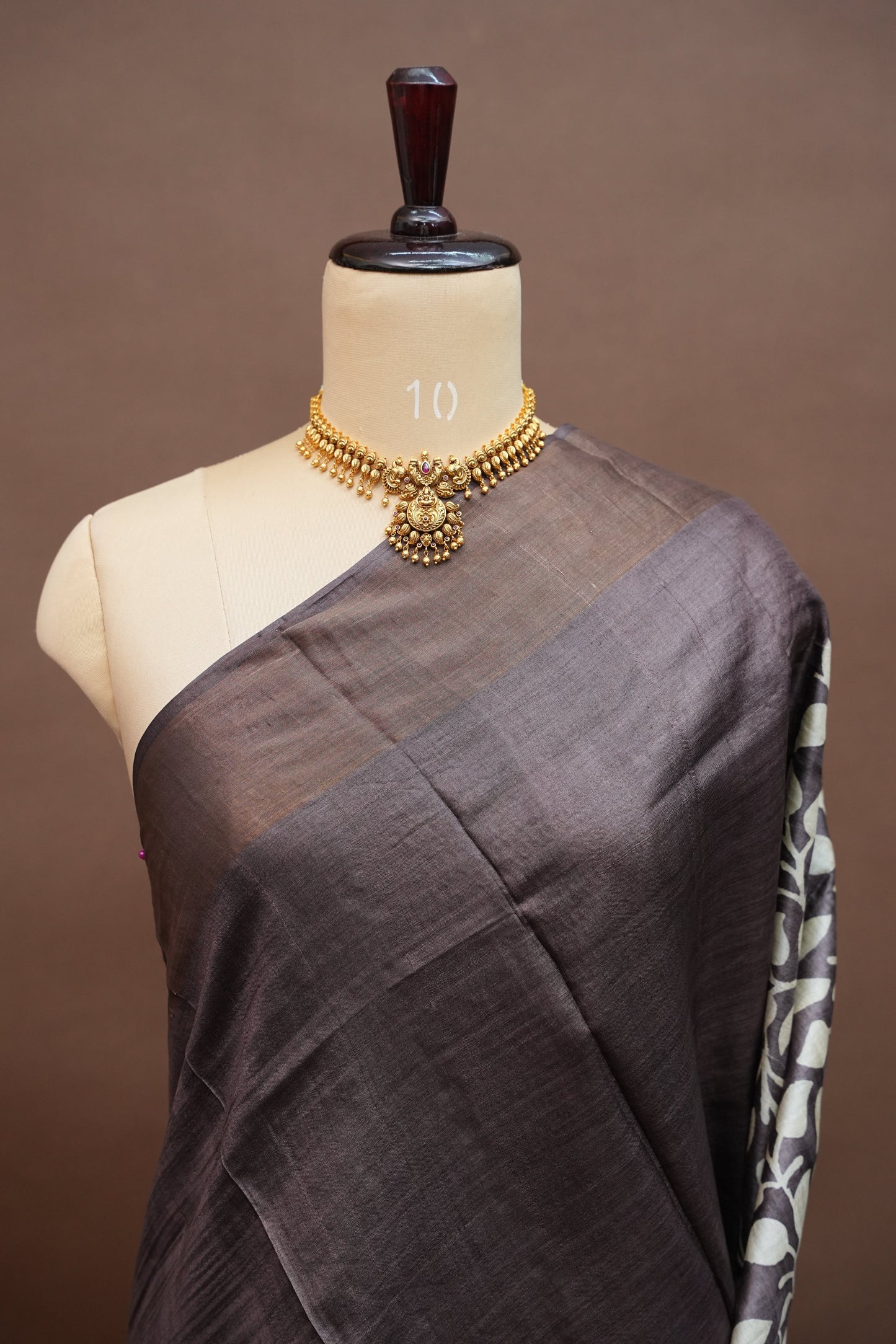 Pure Tussar Silk Saree in Choclate brown and White Floral Vines|Silk Mark Certified