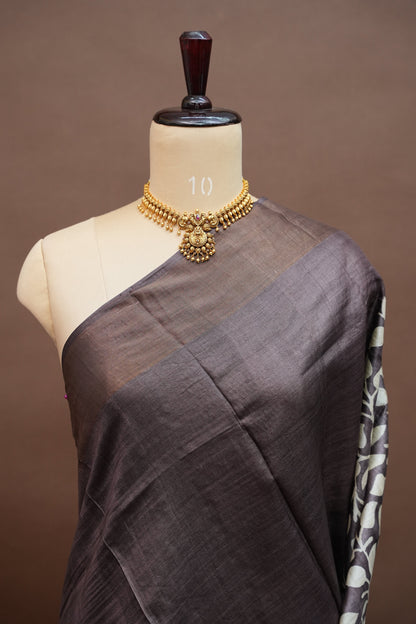 Pure Tussar Silk Saree in Choclate brown and White Floral Vines|Silk Mark Certified