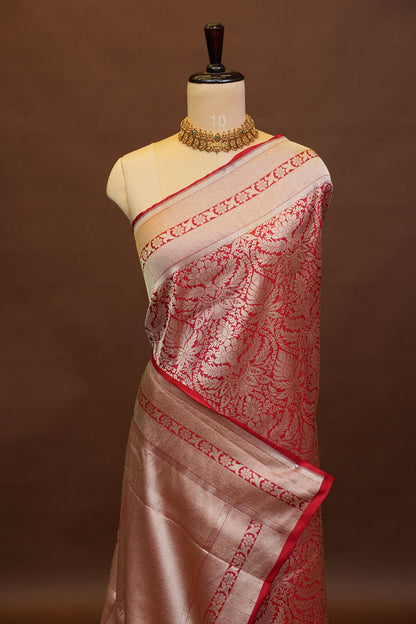 Pure Handloom Silk Katan Banaras Saree - Red|Silk Mark Certified