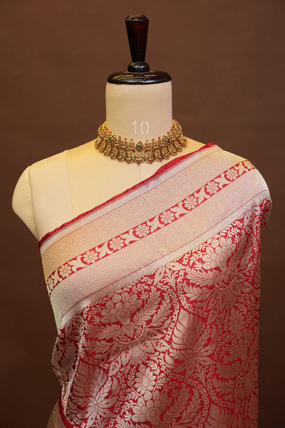 Pure Handloom Silk Katan Banaras Saree - Red|Silk Mark Certified