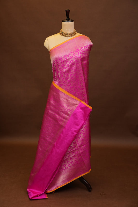 Pure Handloom Silk Katan Banaras Saree - Hot Pink|Silk Mark Certified
