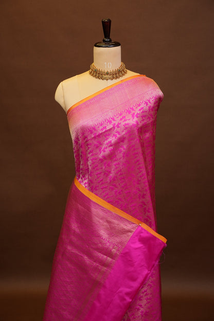 Pure Handloom Silk Katan Banaras Saree - Hot Pink|Silk Mark Certified