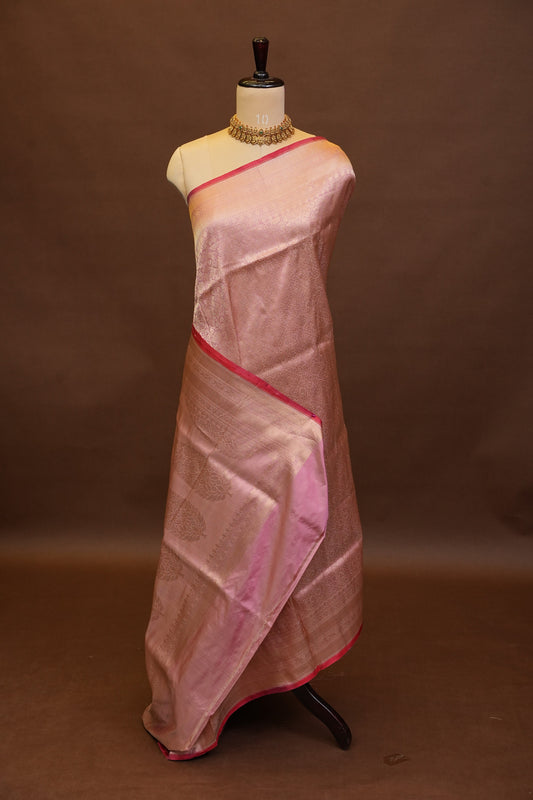 Pure Handloom Silk Katan Banaras Saree - Pinkish Peach|Silk Mark Certified
