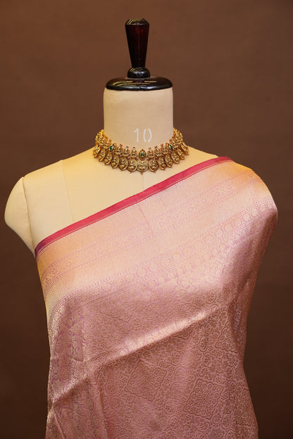 Pure Handloom Silk Katan Banaras Saree - Pinkish Peach|Silk Mark Certified