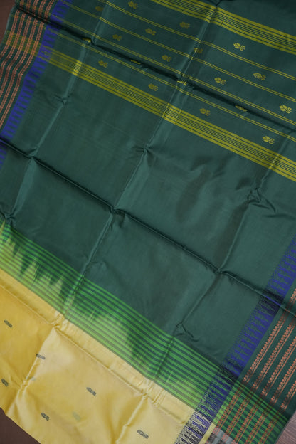 Vegan Saree – Lemon Yellow & Bottle Green with Woven Zari Stripes