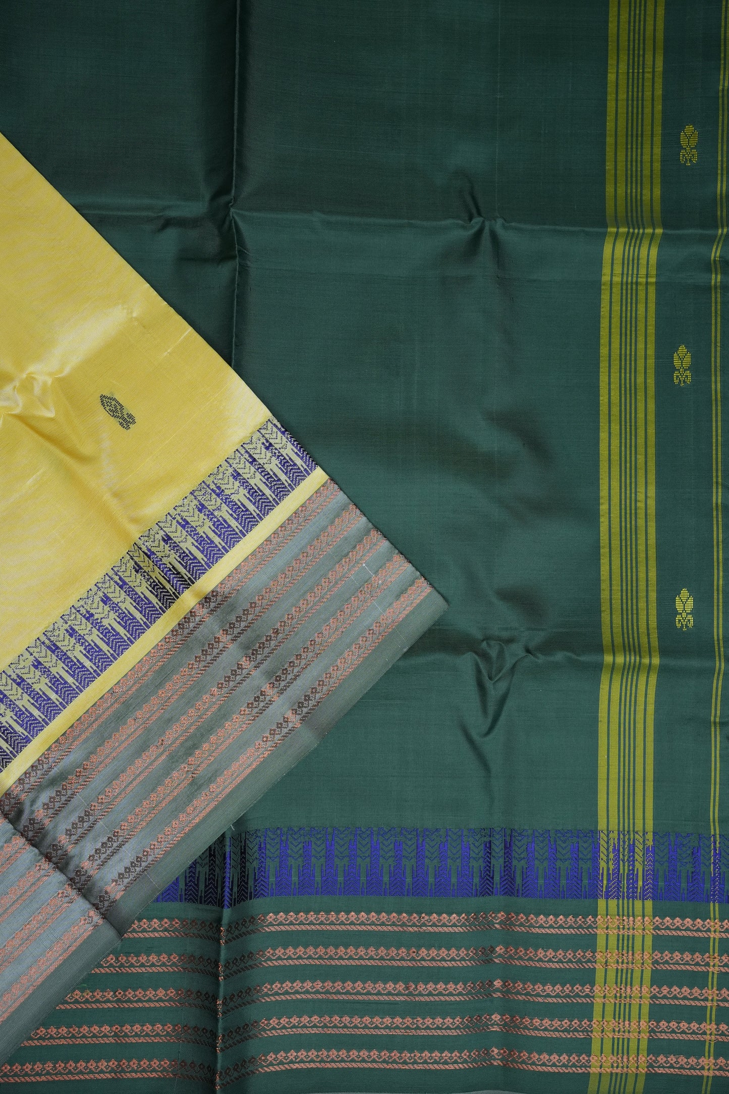 Vegan Saree – Lemon Yellow & Bottle Green with Woven Zari Stripes