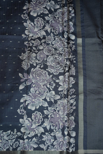 Semi Raw Silk Floral Print Saree – Grayish black