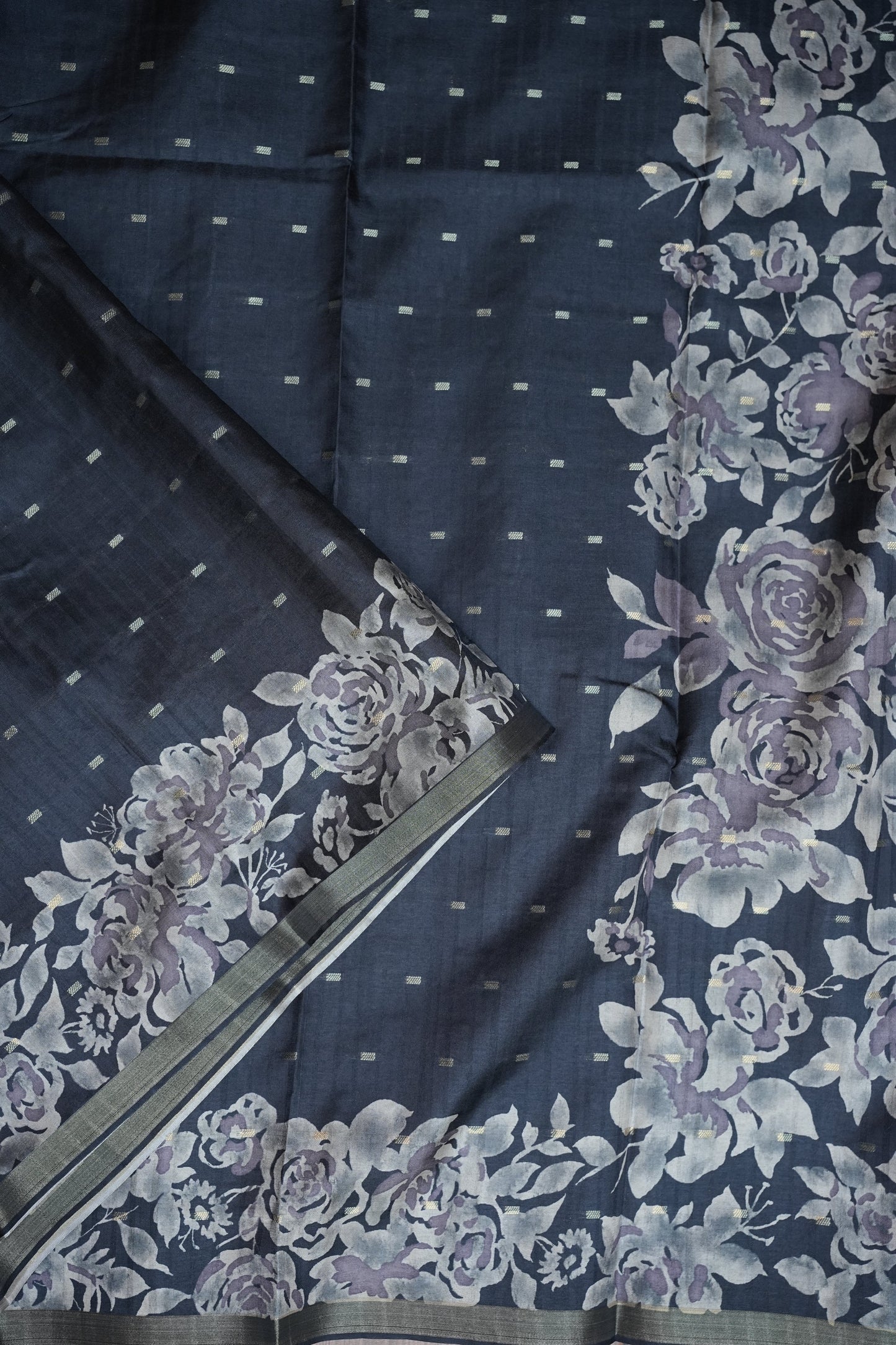 Semi Raw Silk Floral Print Saree – Grayish black