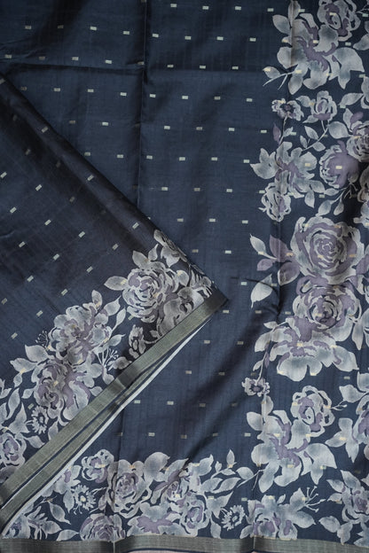 Semi Raw Silk Floral Print Saree – Grayish black