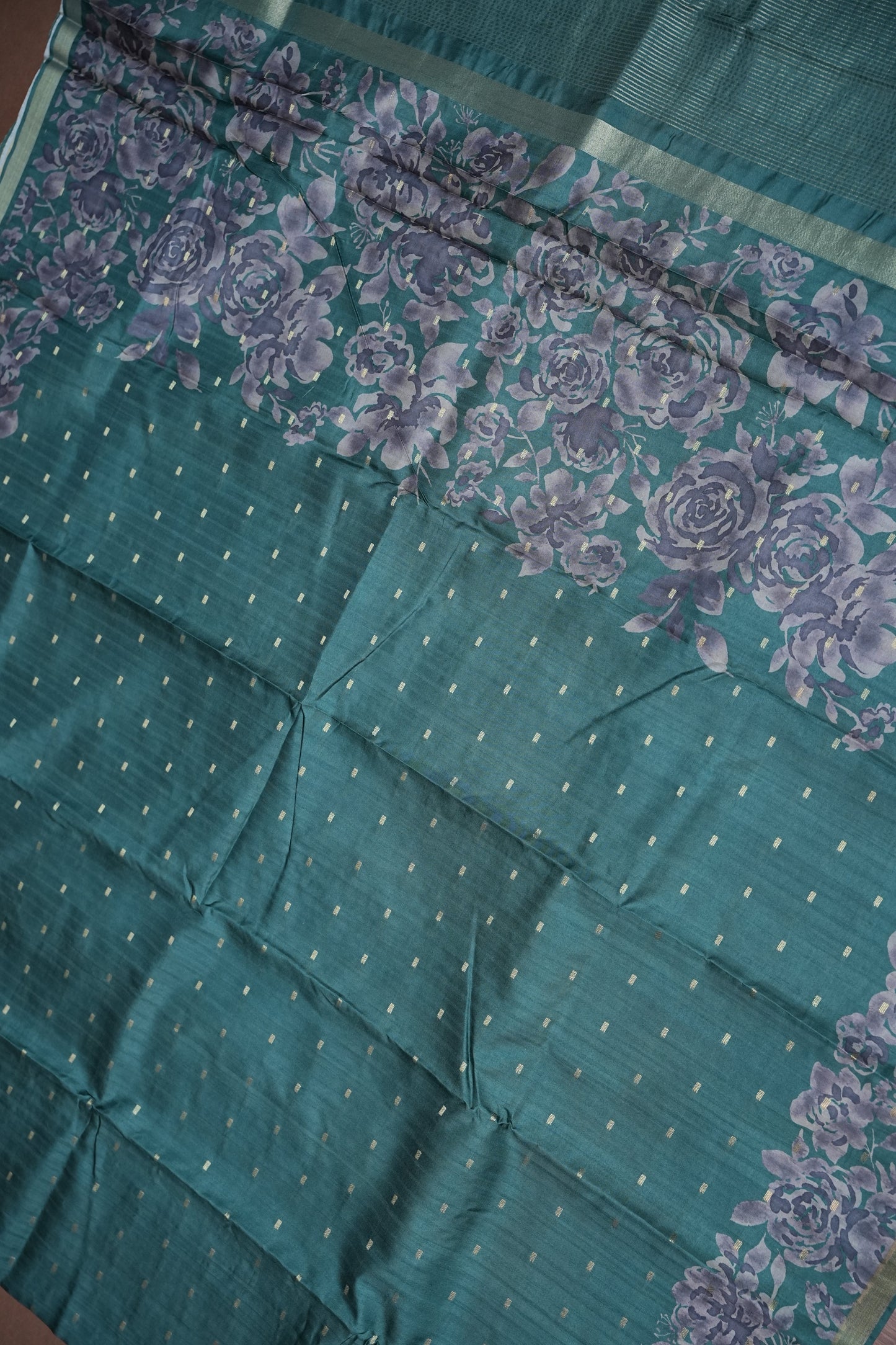 Semi Raw Silk Floral Print Saree – Rama Blue