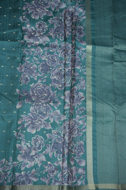 Semi Raw Silk Floral Print Saree – Rama Blue