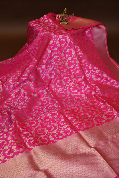 Pure Handloom Silk Katan Banaras Saree - Hot Pink|Silk Mark Certified