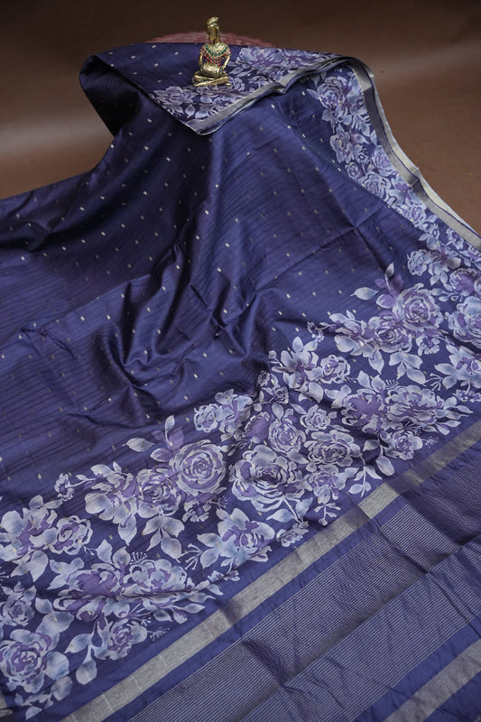 Semi Raw Silk Floral Print Saree – Midnight Blue