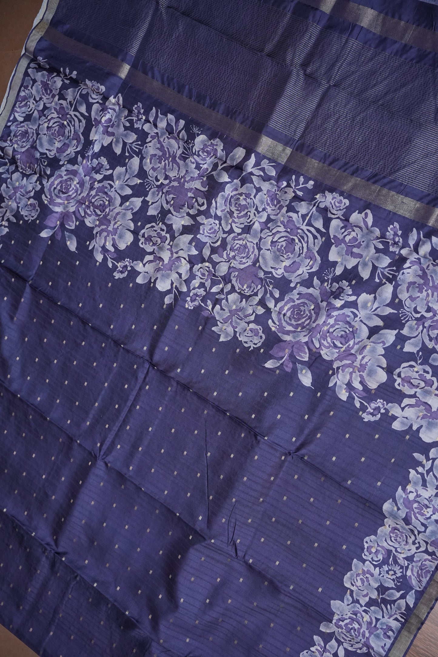 Semi Raw Silk Floral Print Saree – Midnight Blue