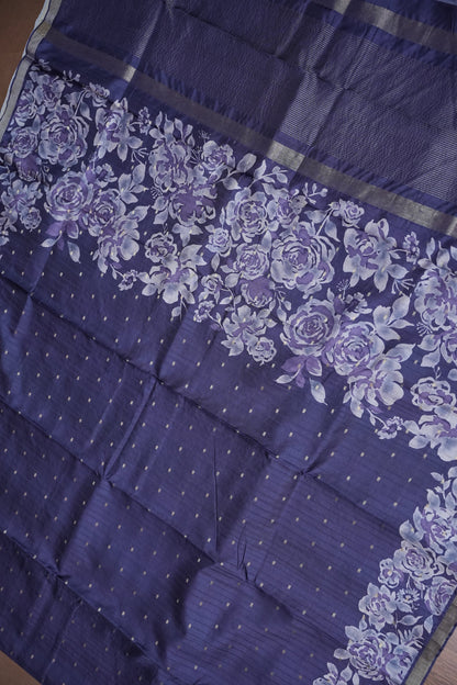 Semi Raw Silk Floral Print Saree – Midnight Blue