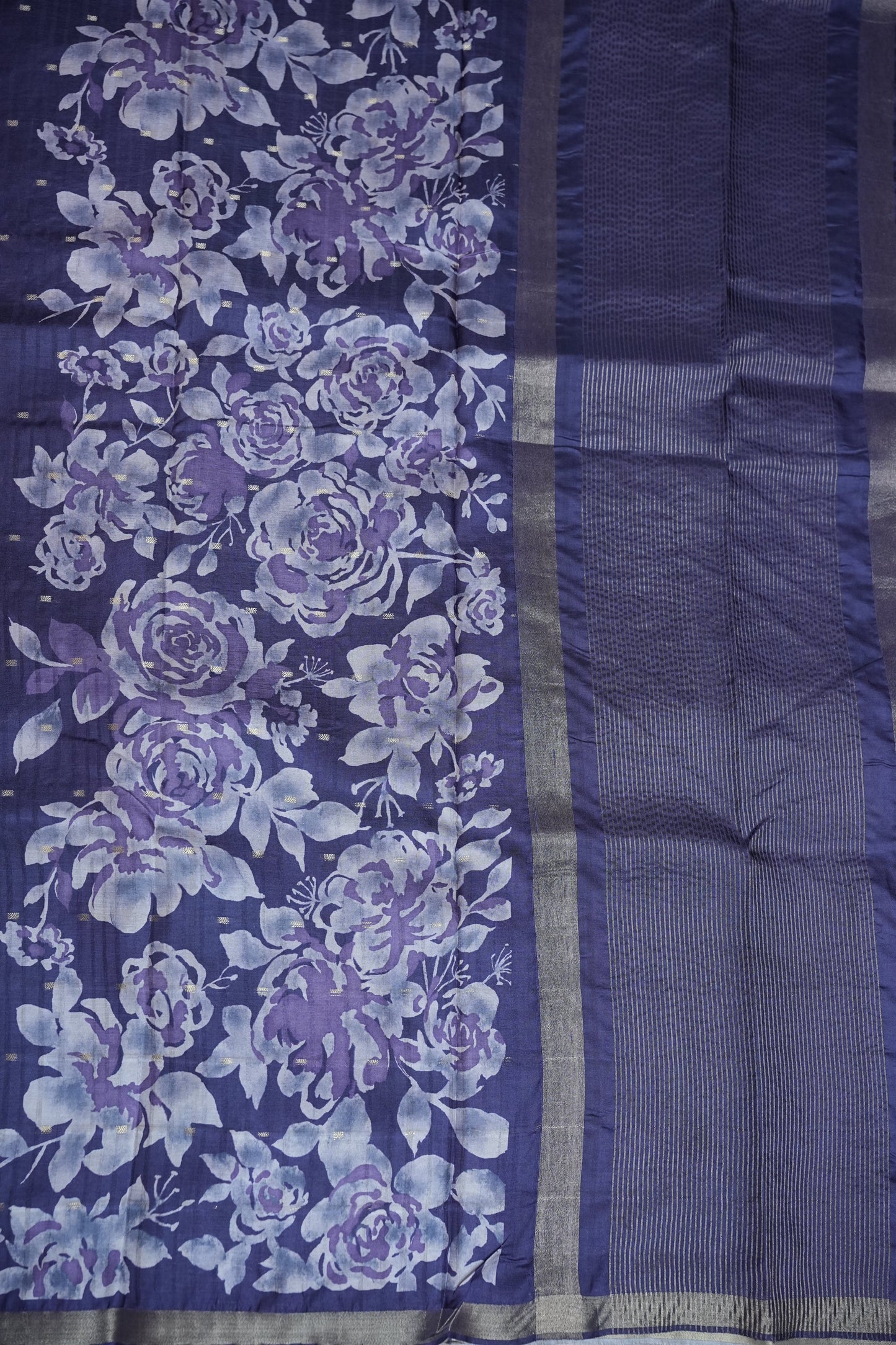 Semi Raw Silk Floral Print Saree – Midnight Blue