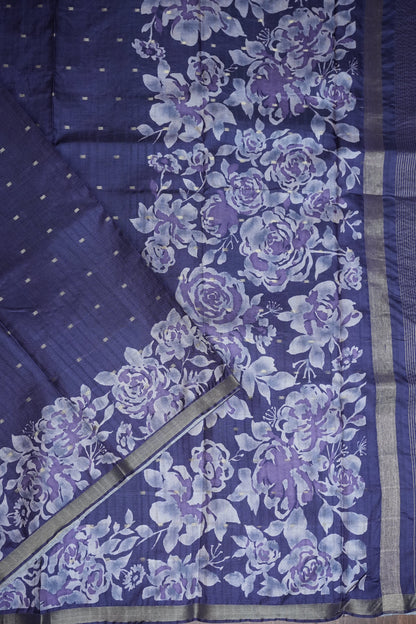 Semi Raw Silk Floral Print Saree – Midnight Blue