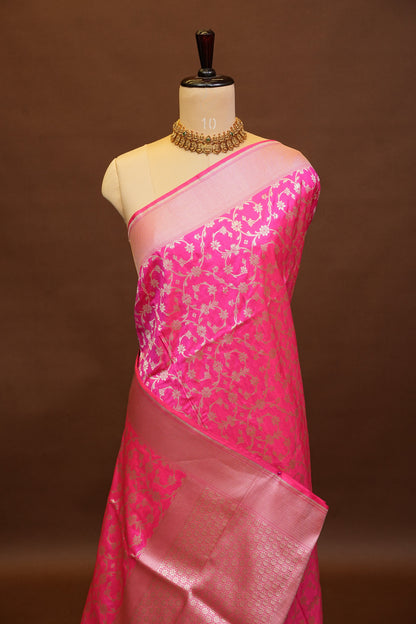 Pure Handloom Silk Katan Banaras Saree - Hot Pink|Silk Mark Certified