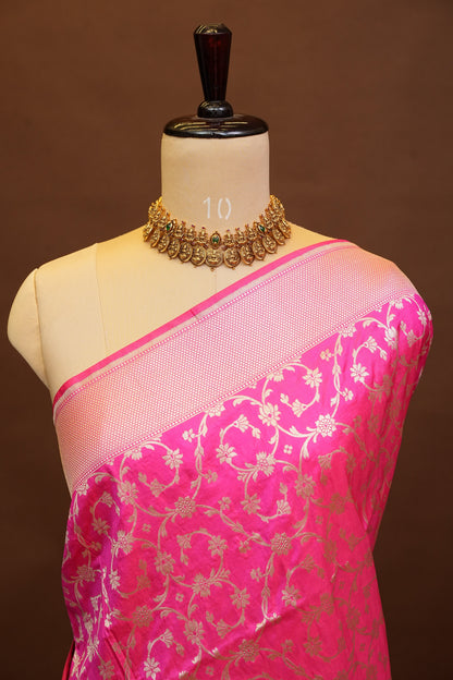 Pure Handloom Silk Katan Banaras Saree - Hot Pink|Silk Mark Certified