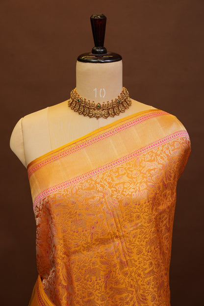 Pure Handloom Silk Katan Banaras Saree - Mustard Yellow|Silk Mark Certified