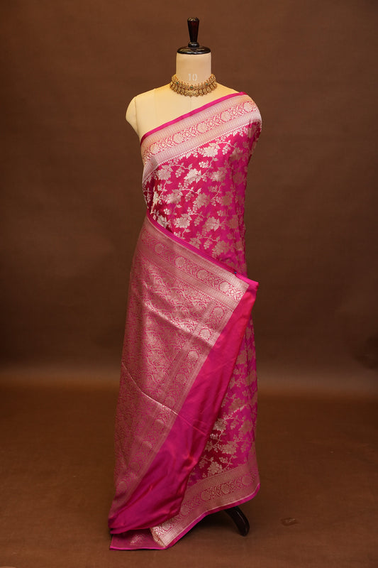 Pure Handloom Silk Katan Banaras Saree - Pink|Silk Mark Certified