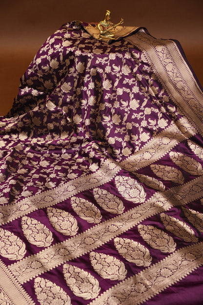 Pure Handloom Silk Katan Banaras Saree - Wine|Silk Mark Certified