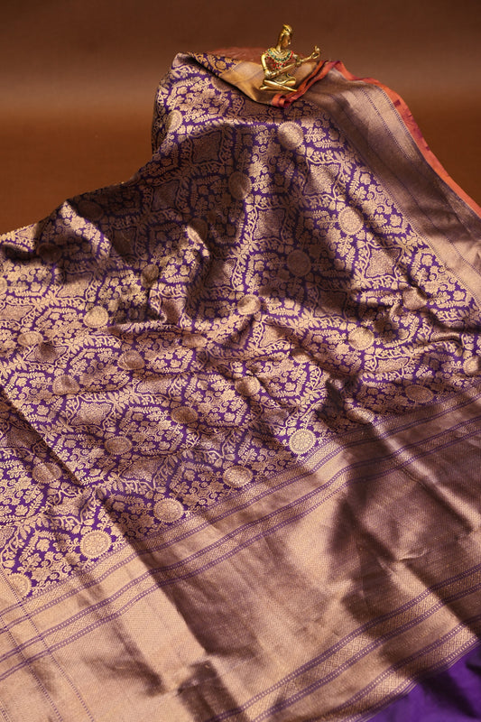 Pure Handloom Silk Katan Banaras Saree - Royal Purple|Silk Mark Certified