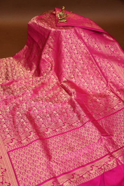 Pure Handloom Silk Katan Banaras Saree - Hot Pink|Silk Mark Certified