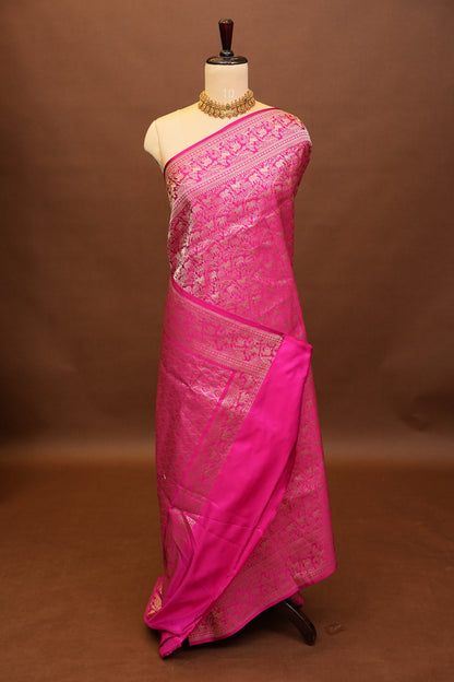 Pure Handloom Silk Katan Banaras Saree - Hot Pink|Silk Mark Certified
