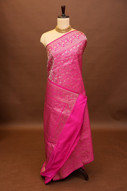 Pure Handloom Silk Katan Banaras Saree - Hot Pink|Silk Mark Certified