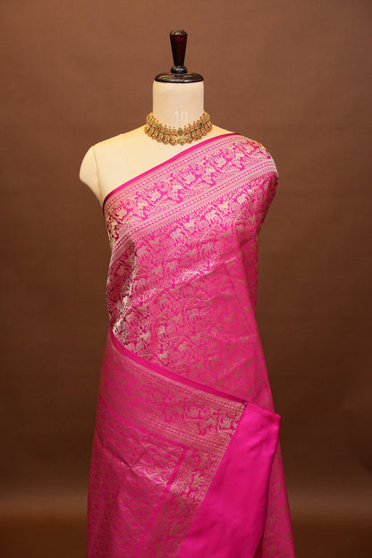 Pure Handloom Silk Katan Banaras Saree - Hot Pink|Silk Mark Certified