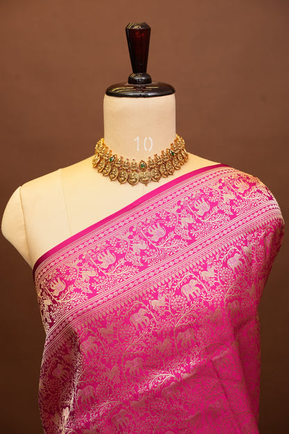 Pure Handloom Silk Katan Banaras Saree - Hot Pink|Silk Mark Certified