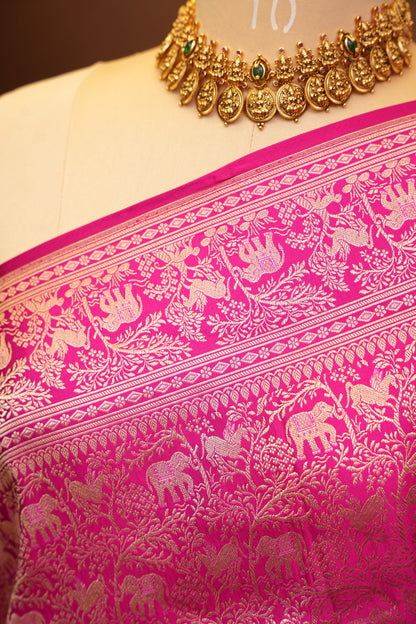 Pure Handloom Silk Katan Banaras Saree - Hot Pink|Silk Mark Certified