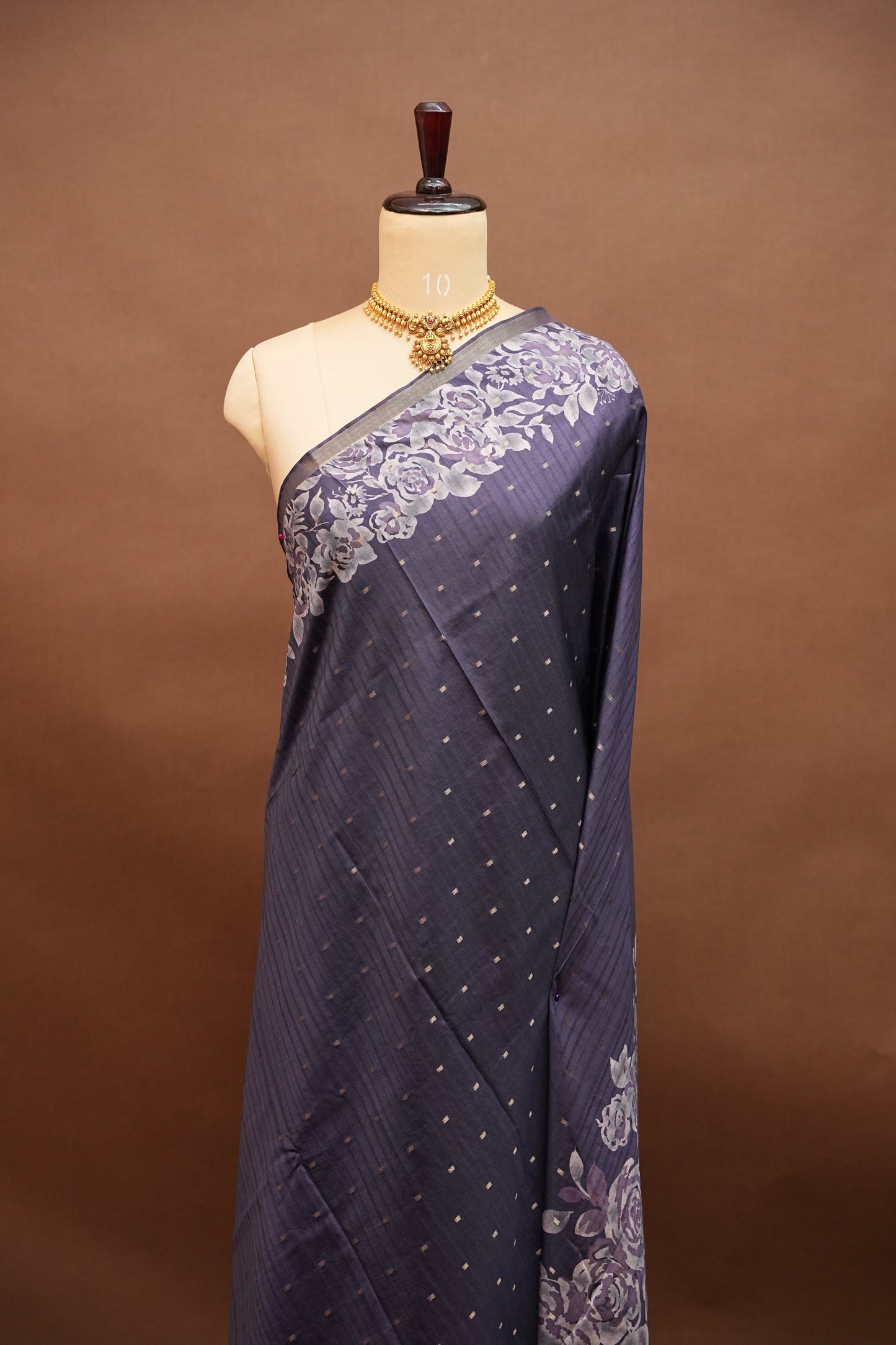 Semi Raw Silk Floral Print Saree – Midnight Blue