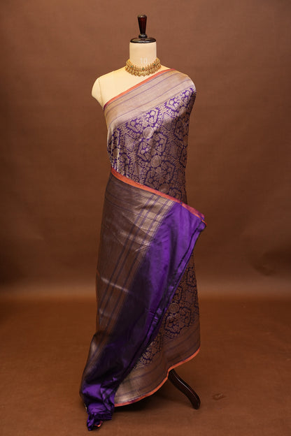 Pure Handloom Silk Katan Banaras Saree - Royal Purple|Silk Mark Certified