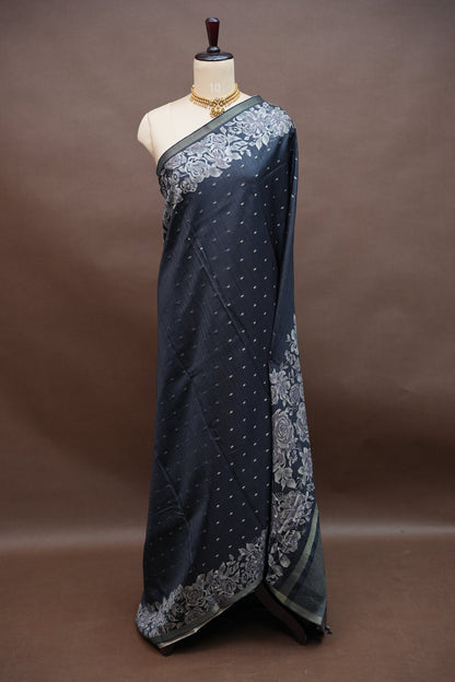 Semi Raw Silk Floral Print Saree – Grayish black