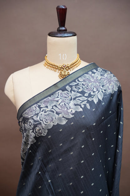 Semi Raw Silk Floral Print Saree – Grayish black