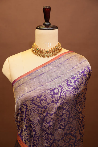 Pure Handloom Silk Katan Banaras Saree - Royal Purple|Silk Mark Certified