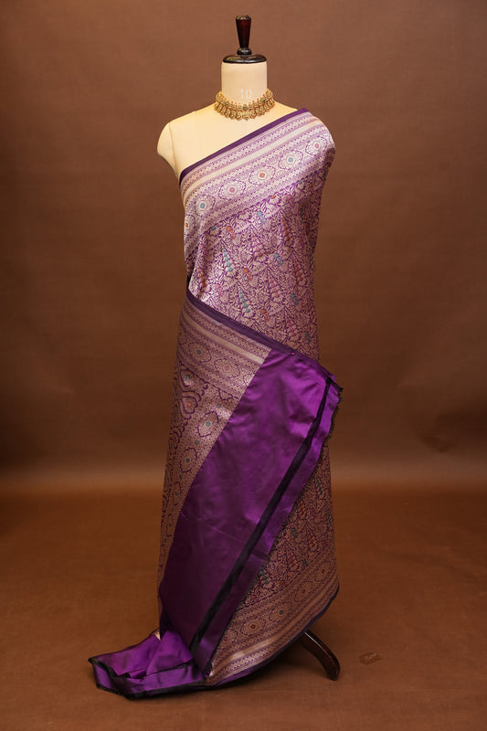 Pure Handloom Silk Katan Banaras Saree- Deep Purple|Silk Mark Certified