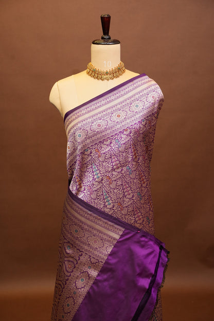Pure Handloom Silk Katan Banaras Saree- Deep Purple|Silk Mark Certified