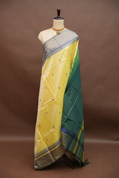 Vegan Saree – Lemon Yellow & Bottle Green with Woven Zari Stripes