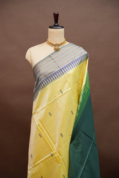 Vegan Saree – Lemon Yellow & Bottle Green with Woven Zari Stripes