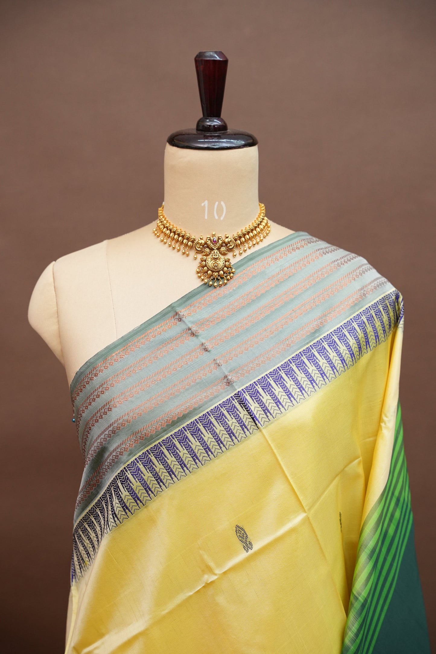 Vegan Saree – Lemon Yellow & Bottle Green with Woven Zari Stripes