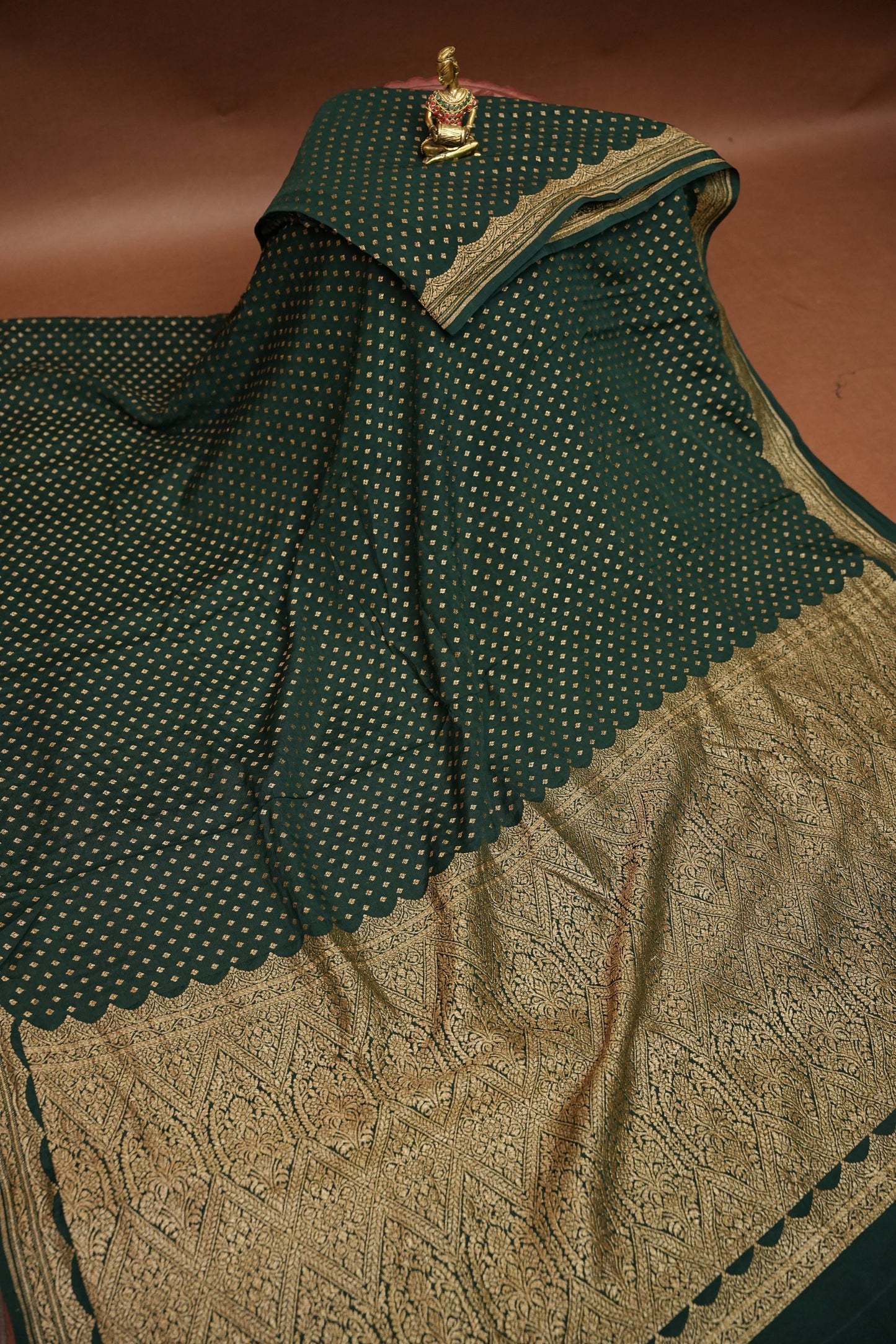 Emerald Green Pure Khaddi Georgette Crepe Banarasi Silk Saree