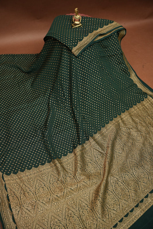 Emerald Green Pure Khaddi Georgette Crepe Banarasi Silk Saree