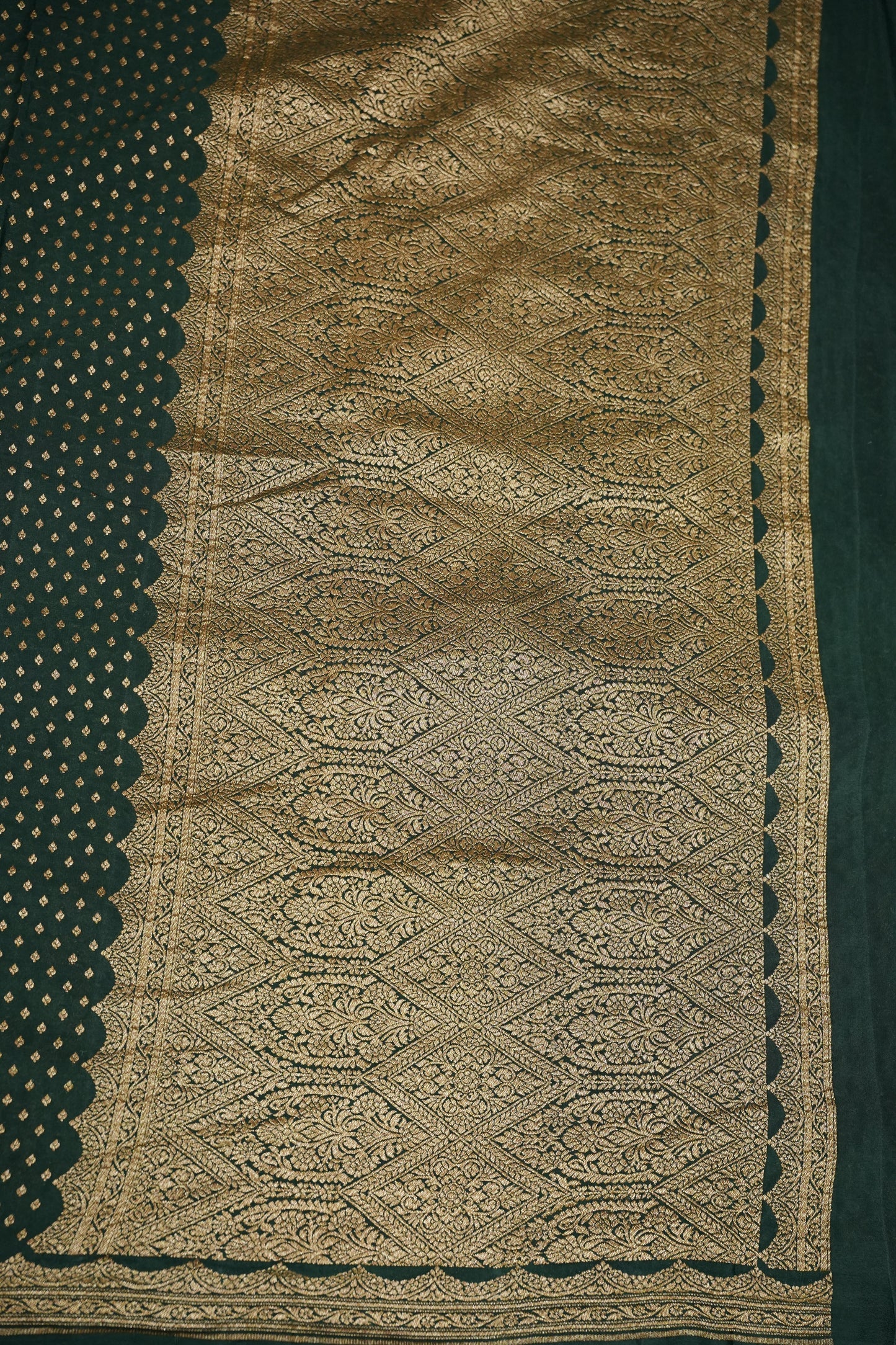 Emerald Green Pure Khaddi Georgette Crepe Banarasi Silk Saree